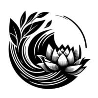 Elegant Black and White Illustration of a Lotus Flower with Leaves and Flowing Lines Within a Circular Composition, Representing Peace and Serenity. vector