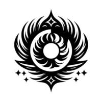 Black and White Intricate Abstract Featuring Circular Center, FeatherLike Elements, and Diamond Accents on a White Background. vector