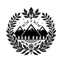 Black and White Emblem Mountain Scene with Pine Trees, Floral Elements, Laurel Wreath, and Stylized Sunburst, Nature . vector