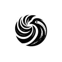 Abstract Black and White Bird Spiraling Feathers Form a Profile on a Circular Background, Depicting Elegance. vector