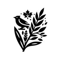 Stylized Black and White Nature Bird Perched on Branch with Maple Leaf, Wheat, and Foliage in minimalist . vector