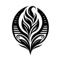 A stylized black and white floral , showcasing leaves and a central flamelike element enclosed within an oval frame with decorative vertical bars. vector
