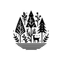 Minimalist Black and White Forest Scene with Deer, Trees, Foliage, and Circle Composition. vector