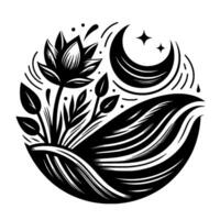 Stylized Black and White Circular Featuring a Lotus, Moon, Stars, and Water, Evoking Serenity and Harmony. vector