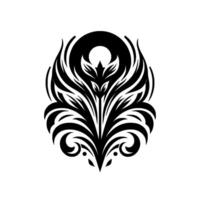 Symmetrical Black Floral Emblem with Ornate Details, Crescent Base, and Circle Element on a Pure White Background. vector