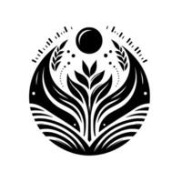 Minimalist Black and White Emblem A Stylized Plant with Leaves, Curved Elements, Sun, and Dotted Details in Circular Composition. vector