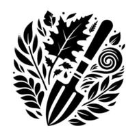 Black and White Garden Composition A Circular Arrangement of a Trowel, Leaves, and Nature Elements on White vector