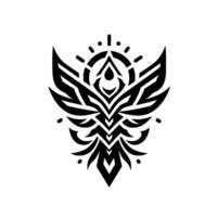 Symmetrical Black and White Geometric A Stylized Emblem with Wings, Sunburst, and Abstract Floral Elements vector