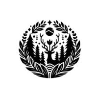 Silhouetted deer with floral antlers and forest scene inside a circular frame with branches and a stylized sun, black and white. vector