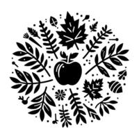 Stylized Black and White Circular Illustration of Autumnal Elements, Centered by an Apple. Featuring Leaves, Twigs, and Berries. vector