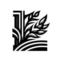 Black and white stylized wheat stalk and stem with horizontal lines, angular elements, and a minimalist geometric structure. vector