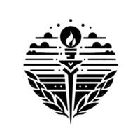 Symbolic Black and White Flaming Torch, Laurel Wreaths, Clouds, Lines, and Dots in a Circular Emblem vector