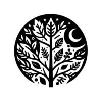 Intricate black and white circular illustration of a stylized tree, moon, and stars, with detailed leaf and branch patterns. vector