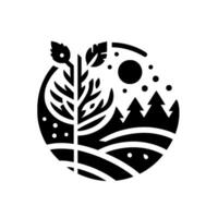 A stylized, circular illustration depicting a tranquil landscape with a central tree, rolling hills, pine trees, and a celestial sphere. vector
