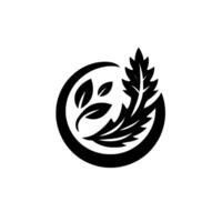 A minimalist black and white circular featuring an organic arrangement of stylized leaves and a featherlike element, suggesting growth and harmony. vector