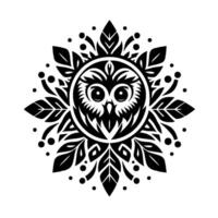 Intricate Black and White Mandala Featuring an Owls Face Surrounded by Stylized Leaves and Dots on a White Background vector