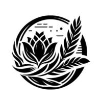 Intricate Black and White Floral Circular Illustration of a Lotus with Ornamental Leaves and a Simple Sky. vector