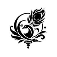 Elegant Black and White Peacock Composition with Intricate Feather and Swirling Foliage Against a Clean Backdrop. vector