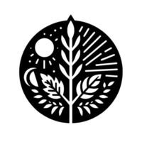 Monochrome nature emblem showcasing tree, sun, moon, and celestial elements within a circular representing cyclical growth. vector