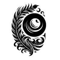 Intricate Black and White Ornamental Featuring a Feathered Element and Circular Motifs on a White Background, Exuding Elegance. vector