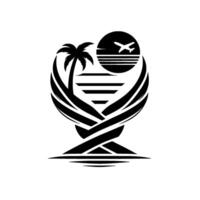 Abstract Black White Travel Palm Tree, Sunset, Airplane, and Abstract Ornamental Element, Depicting Tropical Journeys. vector