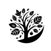 Stylized Black and White of a Tree with Leaves and Apple, on a White Background in a Circular Composition vector