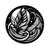 Intricate black and white circular depicting stylized feathers and swirling patterns with a celestial backdrop. vector