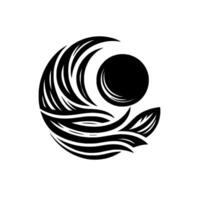 Abstract black and white with a stylized circular composition evoking waves and a central sphere. vector