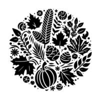Stylized, blackandwhite circular illustration of autumn elements, including leaves, pumpkin, and floral elements. vector