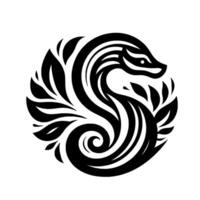 Stylized black and white badger emblem, encircled by elegant leaf designs, showcasing a minimalist, circular composition. vector