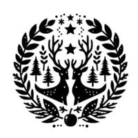 Symmetrical black and white linocut illustration featuring mirrored deer, trees, stars, and foliage within a circular frame, evoking a festive, wintery mood. vector