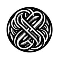 Intricate monochrome Celtic knot within a circle, featuring interwoven curved lines with highlights and shadows, set against a white backdrop. vector