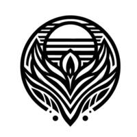Elegant monochrome featuring a stylized floral emblem within an oval frame, incorporating striped elements reminiscent of sun and wings. vector
