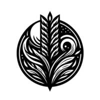 Intricate Black and White Circular featuring a stylized wheat stalk and foliage within a floral emblem. vector