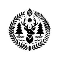 A minimalistic black and white emblem featuring a deer head surrounded by a wreath, trees, and natureinspired elements. vector
