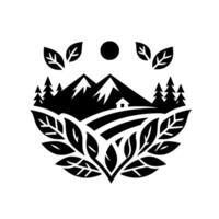Monochromatic Nature Scene Mountains, Fields, Trees, House, Leaves, Sun, Forming a Circular Emblem with Bold Lines on White Background. vector