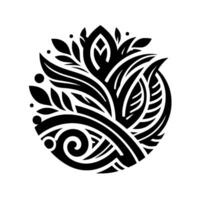 Intricate Black and White Circular Floral Motif Serene Botanical with Leafy Abundance, Decorative Flourishes, and Elegant Symmetry. vector