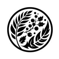 Minimalist Black White Circular Featuring Leaves, Berries, and Foliage. A stylized botanical illustration inside a circular frame. vector