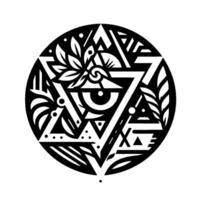 Geometric Eye Botanical Circle A symbolic, minimalist black and white featuring triangles, leaves, and an eye within a circular frame. vector