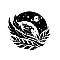 A majestic black eagle silhouette, with detailed feathers, within a celestial sphere, surrounded by leaves and stars, and a planet with rings. vector