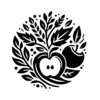 Stylized black and white circular featuring apples, leaves, and branches, creating a harmonious botanical illustration. vector