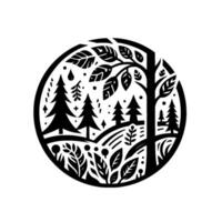 Intricate Black and White Forest Scene in a Circle, Stylized Trees, Leaves, and Nature Elements. vector