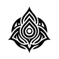 Intricate symmetrical black and white geometric of a stylized teardropshaped motif, resembling a stylized flower or spiritual symbol. vector