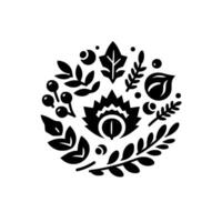 Stylized Black and White Floral Emblem with Leaves, Berries, Central Eyelike Element, and Branching Elements within a Circle vector