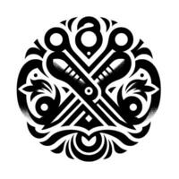 Symmetrical Floral and Mechanical Emblem Intricate Black and White Circular Featuring Stylized Scissors and Leafy Elements vector