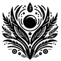 Elegant symmetrical black and white botanical with central sphere, featherlike forms, dots, and a leaf, showcasing intricate detail. vector