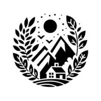Black and white circular featuring a mountain cabin, sun, leaves, birds, and mountains, set within a decorative wreath. vector