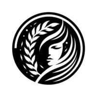 Intricate black and white circular featuring a womans face and a branch, evoking nature and elegance. vector