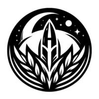 Black and white circular depicting a stylized letter A within a plantlike , surrounded by celestial elements moon and stars. vector