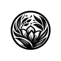 Stylized black and white circular illustration featuring a central lotus flower motif, surrounded by leaves and decorative elements. vector